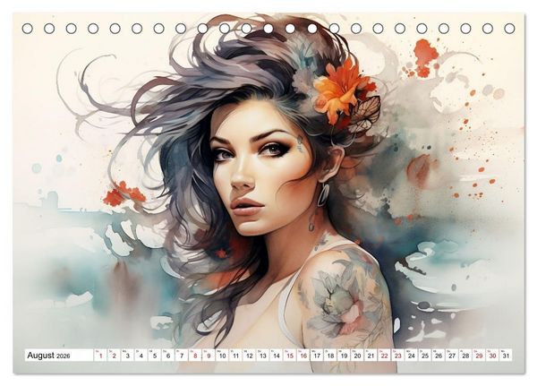 Produktbild: Tattoo trifft Kunst - Starke Tattoos treffen auf sanftes Aquarell (Tischkalender 2026 DIN A5 quer), CALVENDO Monatskalender