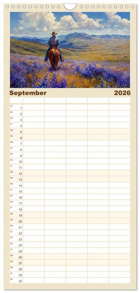 Produktbild: Familienplaner 2026 - Pferde, Staub und Freiheit mit 5 Spalten (Wandkalender, 21 x 45 cm) CALVENDO