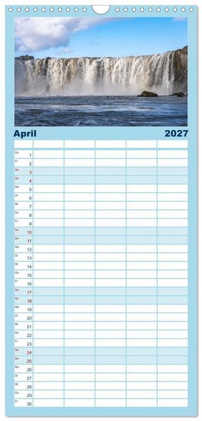 Produktbild: Familienplaner 2027 - Island - Gletscher, Wasserf&auml;lle, Hei&szlig;e Quellen mit 5 Spalten (Wandkalender, 21 x 45 cm) CALVENDO
