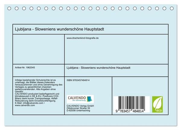 Produktbild: Ljubljana - Sloweniens wundersch&ouml;ne Hauptstadt (Tischkalender 2026 DIN A5 quer), CALVENDO Monatskalender