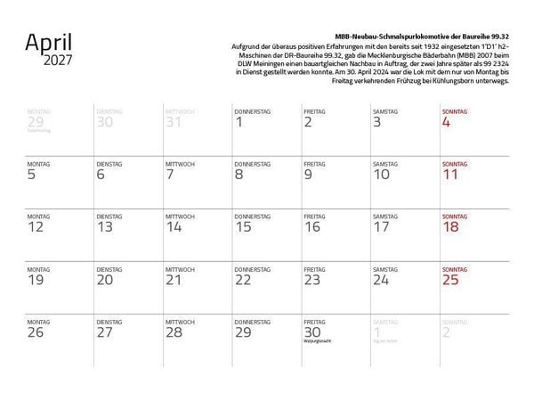 Produktbild: Dampfloks in Farbe 2027 Eintragkalender