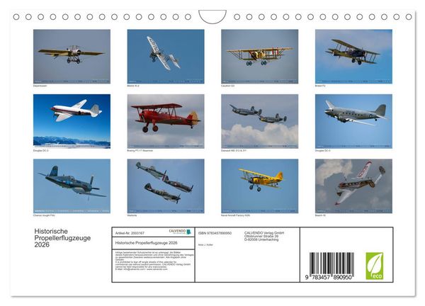 Produktbild: Historische Propellerflugzeuge 2026 (Wandkalender 2026 DIN A4 quer), CALVENDO Monatskalender