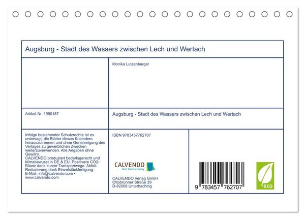 Produktbild: Augsburg - Stadt des Wassers zwischen Lech und Wertach (Tischkalender 2026 DIN A5 quer), CALVENDO Monatskalender