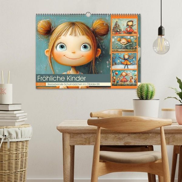 Produktbild: Fr&ouml;hliche Kinder. Bezaubernde Schulm&auml;dchen im &Ouml;lbilder-Stil (Wandkalender 2026 DIN A3 quer), CALVENDO Monatskalender