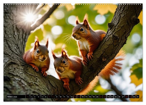 Produktbild: Rote Eichh&ouml;rnchen - zauberhaft anders mit KI (hochwertiger Premium Wandkalender 2026 DIN A2 quer), Kunstdruck in Hochglanz