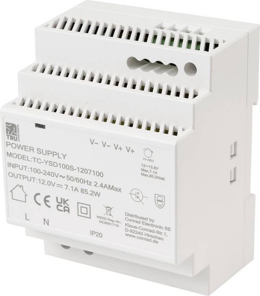 TRU COMPONENTS TC-13710884 Hutschienen-Netzteil (DIN-Rail) Verbrauch (StandBy) 0.3 W 12 V/DC 7.1 A 85.2 W Anzahl Ausgänge:1 x Inhalt 1 St.