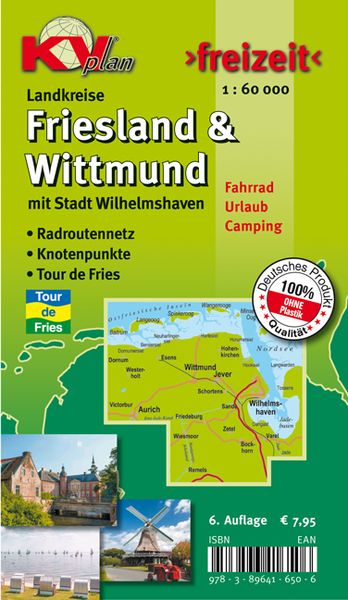 Produktbild: Friesland & Wittmund Kreiskarte, KVplan, Radkarte/Freizeitkarte/Routenkarte zur Tour-de-Fries, 1:60.00
