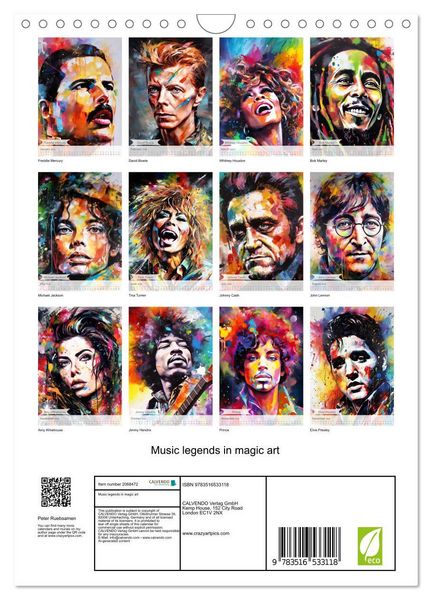 Produktbild: Music legends in magic art (Wall Calendar 2026 DIN A4 portrait), CALVENDO 12 Month Wall Calendar