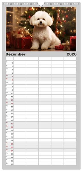 Produktbild: Familienplaner 2026 - Bichon fris&eacute;, wei&szlig;e H&uuml;ndchen mit lockigem Haar mit 5 Spalten (Wandkalender, 21 x 45 cm) CALVENDO
