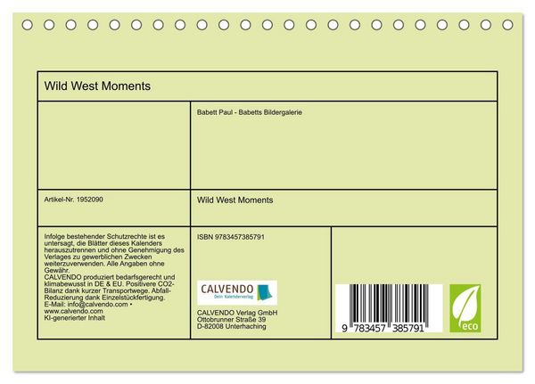 Produktbild: Wild West Moments (Tischkalender 2026 DIN A5 quer), CALVENDO Monatskalender