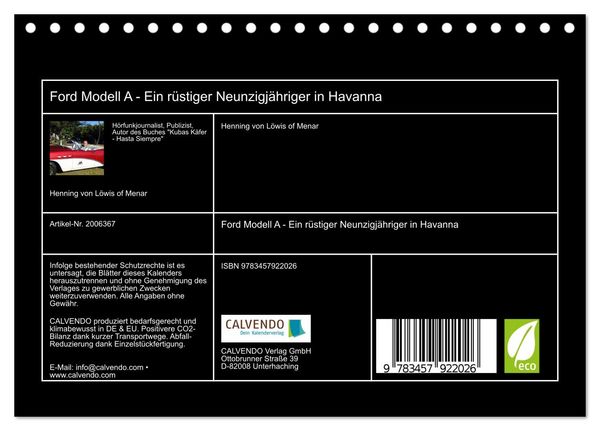 Produktbild: Ford Modell A - Ein r&uuml;stiger Neunzigj&auml;hriger in Havanna (Tischkalender 2026 DIN A5 quer), CALVENDO Monatskalender