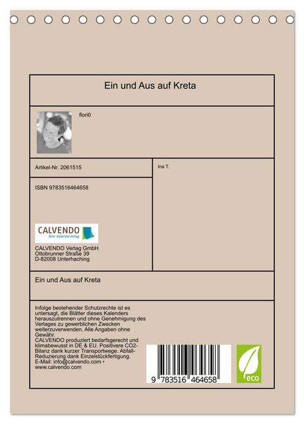 Produktbild: Ein und Aus auf Kreta (Tischkalender 2026 DIN A5 hoch), CALVENDO Monatskalender