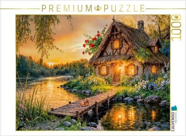 Produktbild: CALVENDO Puzzle Sp&auml;tsommer Cottage am Fluss mit Hund auf der Br&uuml;cke | 1000 Teile Lege-Gr&ouml;&szlig;e 64x48cm Foto-Puzzle f&uuml;r gl&uuml;ckliche Stunden