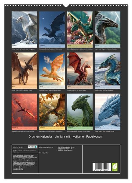 Produktbild: Drachen Kalender - ein Jahr mit mystischen Fabelwesen (hochwertiger Premium Wandkalender 2026 DIN A2 hoch), Kunstdruck in Hochglanz