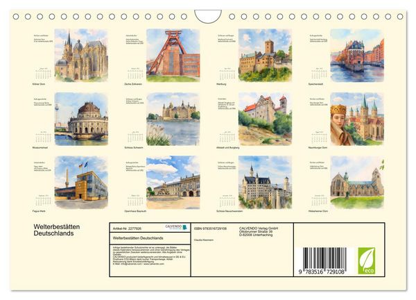 Produktbild: Welterbest&auml;tten Deutschlands (Wandkalender 2026 DIN A4 quer), CALVENDO Monatskalender