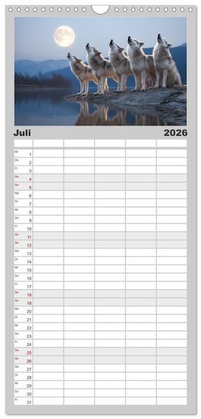 Produktbild: Familienplaner 2026 - W&ouml;lfe im Mondlicht - Ruf der Wildnis mit 5 Spalten (Wandkalender, 21 x 45 cm) CALVENDO