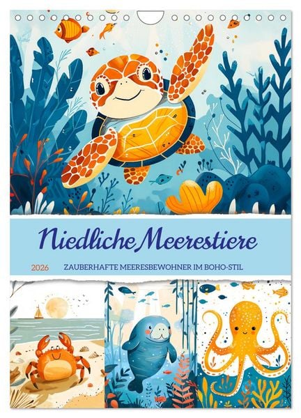Niedliche Meerestiere - Zauberhafte Meeresbewohner im Boho-Stil (Wandkalender 2026 DIN A4 hoch), CALVENDO Monatskalender