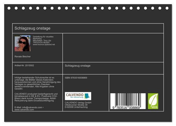 Produktbild: Schlagzeug onstage (Tischkalender 2026 DIN A5 quer), CALVENDO Monatskalender