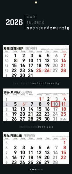 Produktbild: 3-Monatskalender Black 2026 - Büro-Kalender 33x20 cm (geschlossen), 33x80 cm (geöffnet) - faltbar - mit Datumsschieber - Alpha Edition