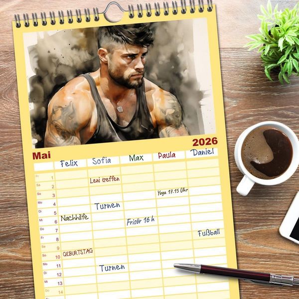 Produktbild: Familienplaner 2026 - Tattoo trifft Kunst mit 5 Spalten (Wandkalender, 21 x 45 cm) CALVENDO
