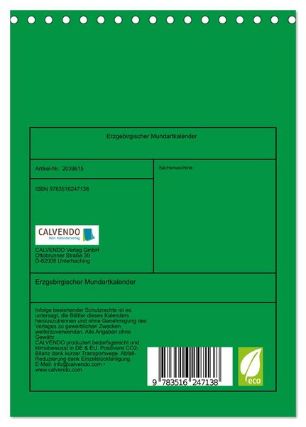 Produktbild: Erzgebirgischer Mundartkalender (Tischkalender 2026 DIN A5 hoch), CALVENDO Monatskalender
