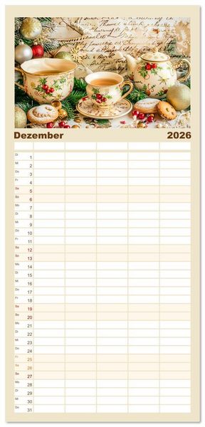 Produktbild: Familienplaner 2026 - Shabby Chic Romantik - Vintage Tassen, Blumen und nostalgische Briefe mit 5 Spalten (Wandkalender, 21 x 45 cm) CALVENDO