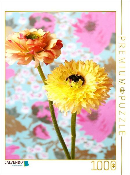 CALVENDO Puzzle Zwei Ranunkeln vor Blumentapete | 1000 Teile Lege-Größe 64x48cm Foto-Puzzle für glückliche Stunden, Sonstige von , Calvendo Puzzle,