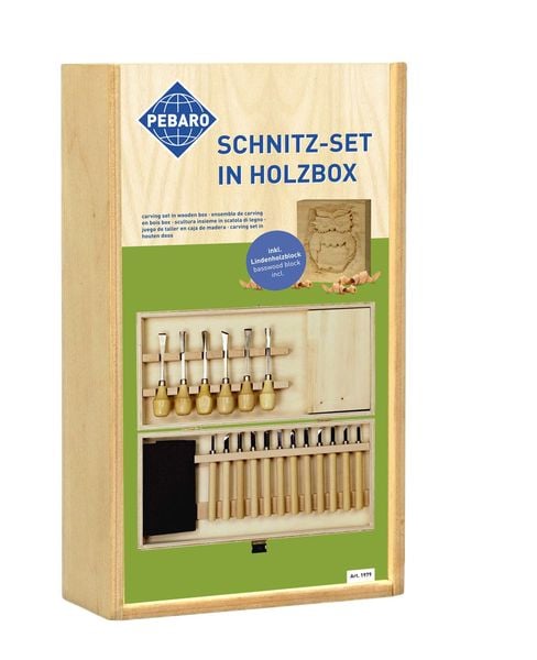 Produktbild: PEBARO 1979 - Schnitz-Set in Holzbox, 20-teilig, 36x18x6cm, Schnitzwerkzeug