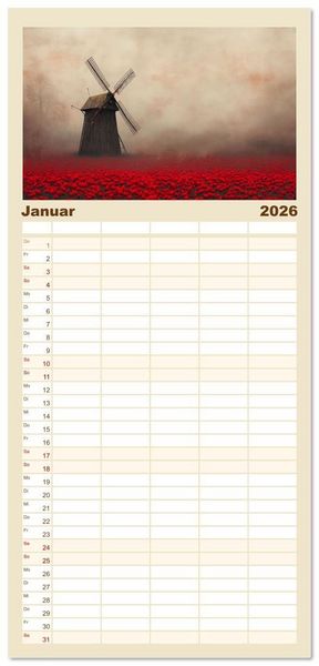 Produktbild: Familienplaner 2026 - Windgefl&uuml;ster-M&uuml;hlenimpressionen mit 5 Spalten (Wandkalender, 21 x 45 cm) CALVENDO