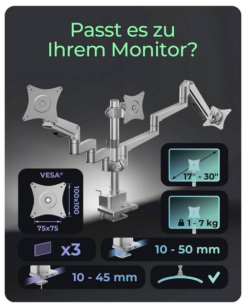 Produktbild: ICY BOX Monitorst&auml;nder f&uuml;r drei Monitore Monitor-Tischhalterung 3 Display(s) 76,2 cm (30") Grau, Silber