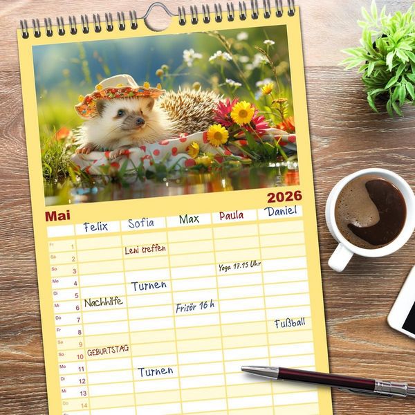 Produktbild: Familienplaner 2026 - Zauberhafte Igel-Models. Blumiger Stil in der Natur mit 5 Spalten (Wandkalender, 21 x 45 cm) CALVENDO
