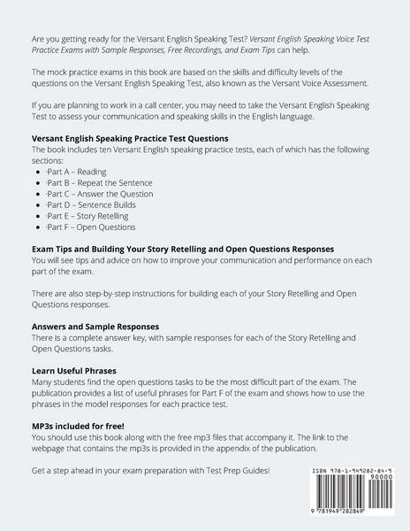 Produktbild: Versant English Speaking Voice Test Practice Exams with Sample Responses, Free Recordings, and Exam Tips