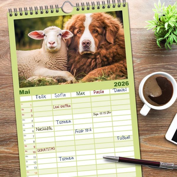 Produktbild: Familienplaner 2026 - Bauernhof-Freunde - Hunde und ihre tierischen Freundschaften mit 5 Spalten (Wandkalender, 21 x 45 cm) CALVENDO