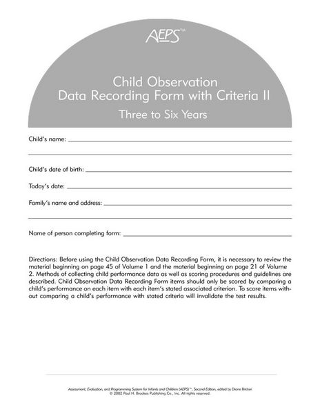 Produktbild: Assessment, Evaluation, and Programming System for Infants and Children (Aeps(r)), Child Observation Data Recording Form II