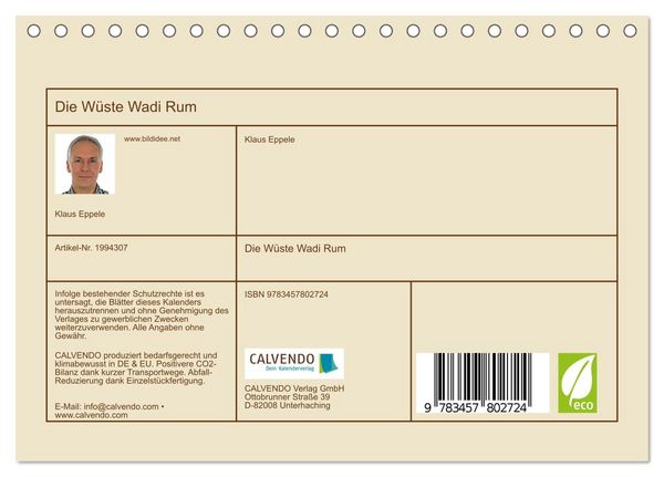 Produktbild: Die W&uuml;ste Wadi Rum (Tischkalender 2026 DIN A5 quer), CALVENDO Monatskalender