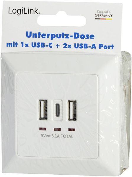 Steckdose Abdeckung mit USB - Typ A und C - 54x54mm - Weiß 