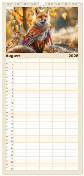 Produktbild: Familienplaner 2026 - Fuchsige Eskapaden. Reineke mit noblen Accessoires mit 5 Spalten (Wandkalender, 21 x 45 cm) CALVENDO