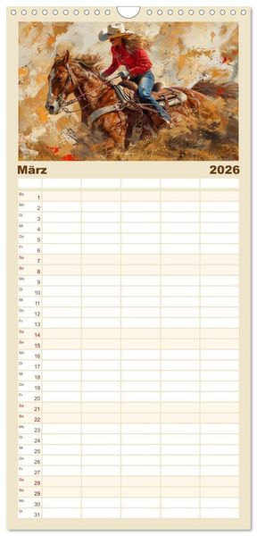 Produktbild: Familienplaner 2026 - Pferde, Staub und Freiheit mit 5 Spalten (Wandkalender, 21 x 45 cm) CALVENDO