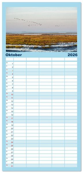 Produktbild: Familienplaner 2026 - Nordfriesland - weiter Horizont, faszinierende Natur, idyllische St&auml;dte mit 5 Spalten (Wandkalender, 21 x 45 cm) CALVENDO