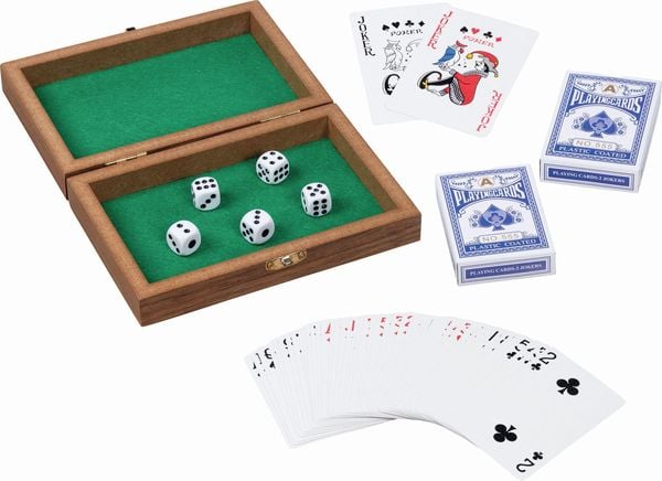 Produktbild: Spielkartenbox mit 5 W&uuml;rfel und 2 Kartendecks &aacute; 54 Karten