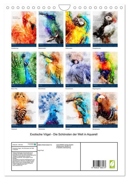 Produktbild: Exotische V&ouml;gel - Die Sch&ouml;nsten der Welt in Aquarell (Wandkalender 2026 DIN A4 hoch), CALVENDO Monatskalender