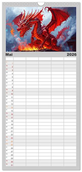 Produktbild: Familienplaner 2026 - Drachen - Gef&uuml;rchtete, aber nicht immer b&ouml;se Fabelwesen mit 5 Spalten (Wandkalender, 21 x 45 cm) CALVENDO