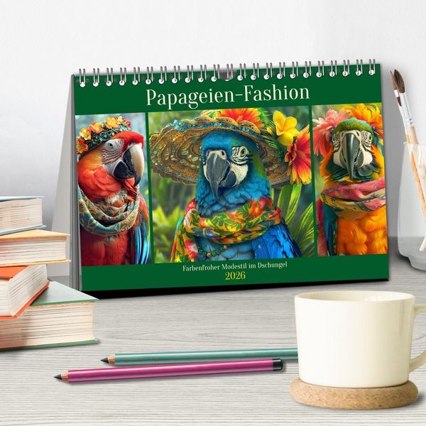 Produktbild: Papageien-Fashion. Farbenfroher Modestil im Dschungel (Tischkalender 2026 DIN A5 quer), CALVENDO Monatskalender