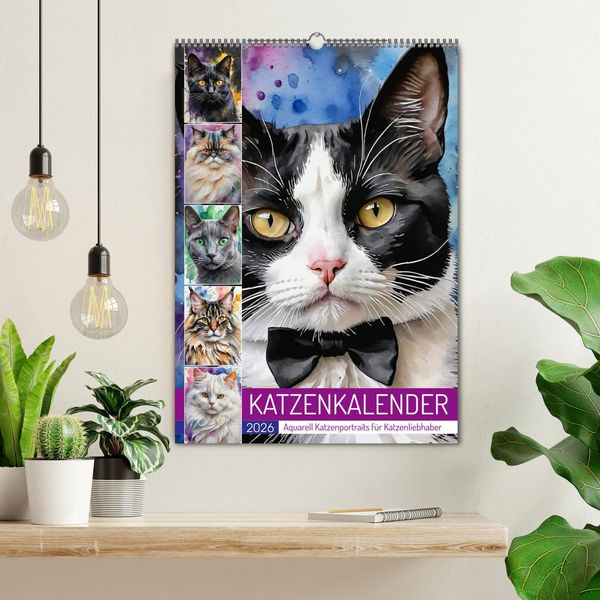 Produktbild: KATZENKALENDER - Aquarell Katzenportraits f&uuml;r Katzenliebhaber (Wandkalender 2026 DIN A2 hoch), CALVENDO Monatskalender