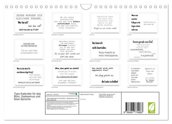 Produktbild: Typo-Kalender f&uuml;r das B&uuml;ro. Sarkasmus und fiese Spr&uuml;che (Wandkalender 2026 DIN A4 quer), CALVENDO Monatskalender