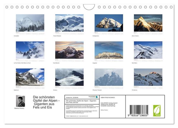 Produktbild: Die sch&ouml;nsten Gipfel der Alpen - Giganten aus Fels und Eis (Wandkalender 2026 DIN A4 quer), CALVENDO Monatskalender