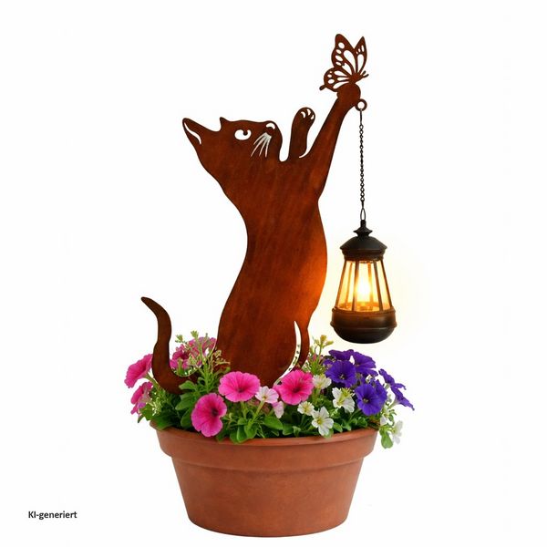 Produktbild: HTI-Living Gartenstecker Katze mit Lampe Metall Rostoptik Gartendeko mit Laterne