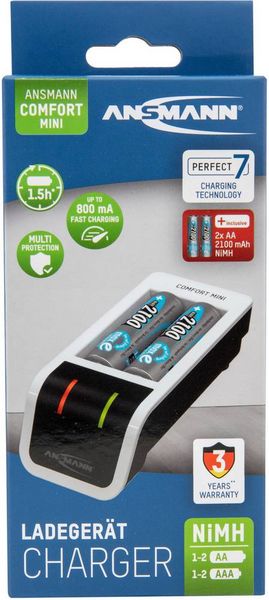Produktbild: ANSMANN Akku-Ladeger&auml;t Comfort Mini + 2&times; AA 2100mAh