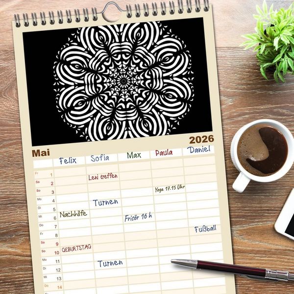 Produktbild: Familienplaner 2026 - Entspannung und Ruhe durch Mandalas mit 5 Spalten (Wandkalender, 21 x 45 cm) CALVENDO