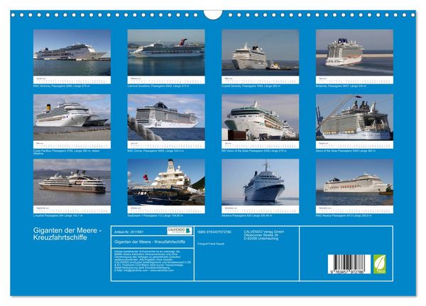 Produktbild: Giganten der Meere - Kreuzfahrtschiffe (Wandkalender 2026 DIN A3 quer), CALVENDO Monatskalender